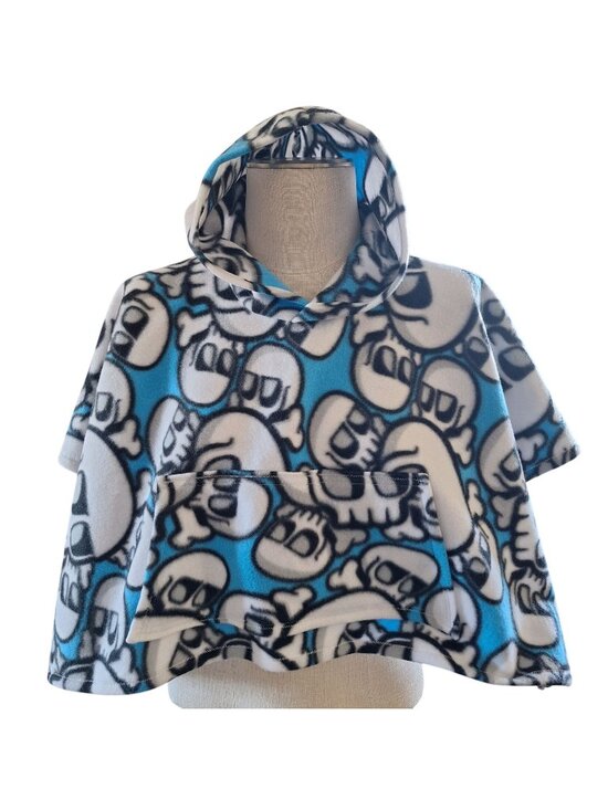 Handmade Other - Fleece Handmade Kids  Skull Poncho W Pocket & Hood Car Seat Blue Black White